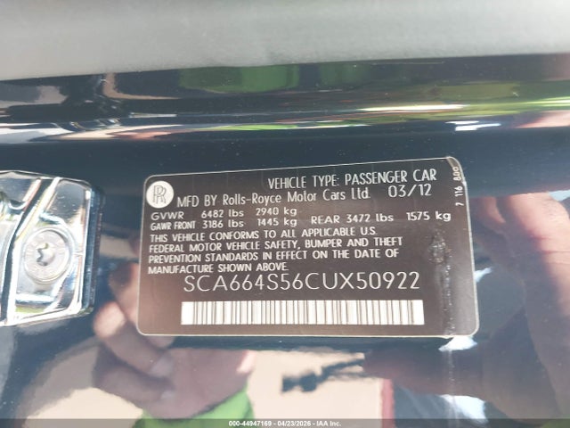 44947169 :رقم المزاد ، SCA664S56CUX50922 vin ، 2012 Rolls-royce Ghost مزاد بيع
