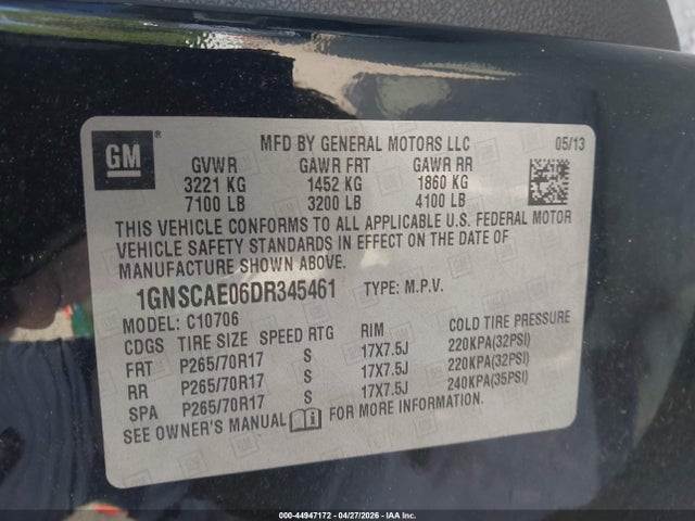 Aukcja sprzedaży 2013 Chevrolet Tahoe Ls, vin: 1GNSCAE06DR345461, numer aukcji: 44947172