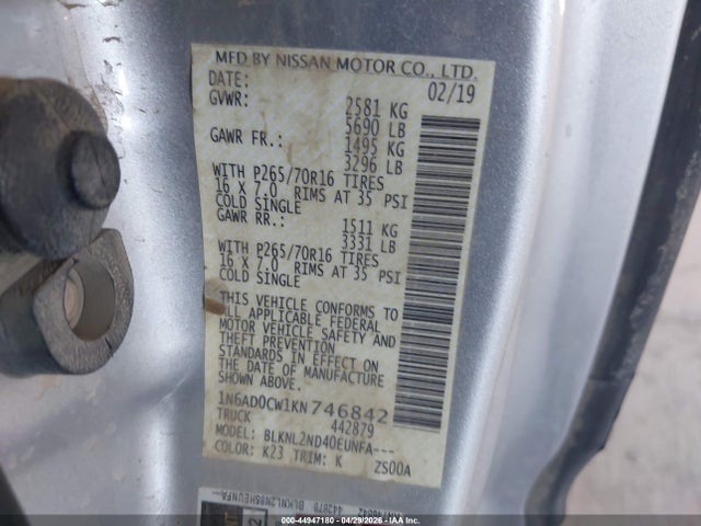 1N6AD0CW1KN746842 Nissan Frontier Sv
