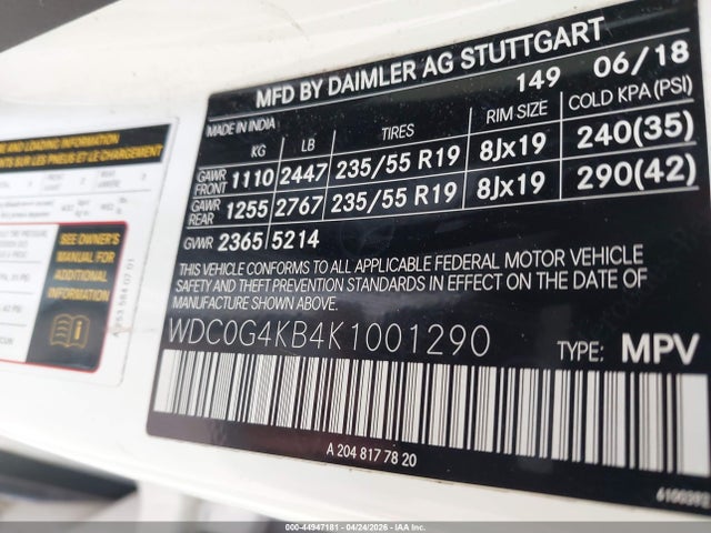 44947181 :رقم المزاد ، WDC0G4KB4K1001290 vin ، 2019 Mercedes-benz Glc 300 4matic مزاد بيع