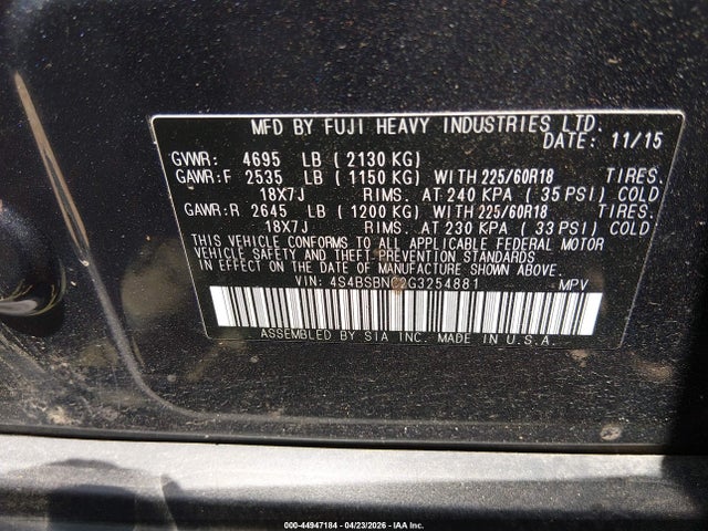 2016 Subaru Outback 2.5i Limited მანქანა იყიდება აუქციონზე, vin: 4S4BSBNC2G3254881, აუქციონის ნომერი: 44947184