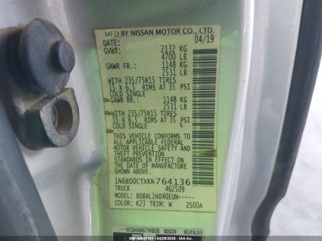 Nissan FRONTIER S 2019 1N6BD0CTXKN764136 Image 9