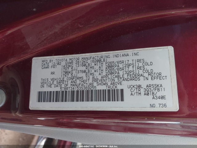 Aukcja sprzedaży 2003 Toyota Tundra Sr5 V8, vin: 5TBRT34153S369255, numer aukcji: 44947192