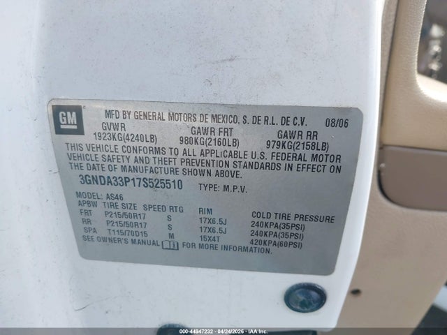 2007 Chevrolet Hhr Lt მანქანა იყიდება აუქციონზე, vin: 3GNDA33P17S525510, აუქციონის ნომერი: 44947232
