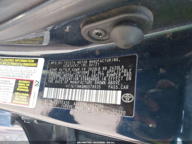 44947255 :رقم المزاد ، 4T1G11AK0MU578935 vin ، 2021 Toyota Camry Se مزاد بيع