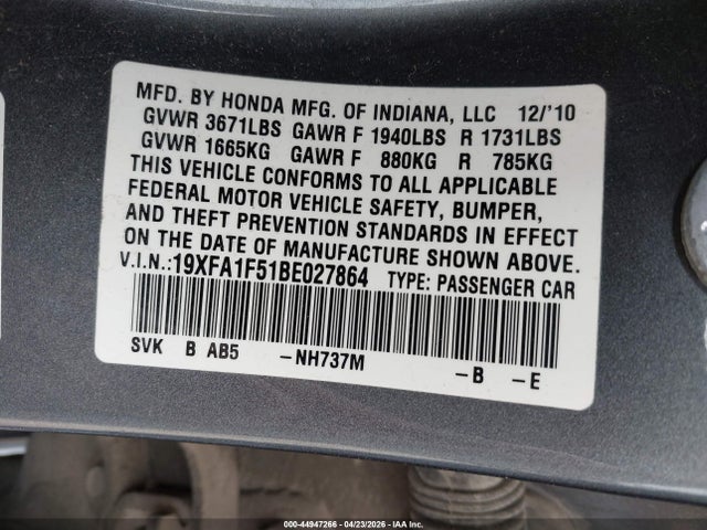 Продажа на аукционе авто 2011 Honda Civic Lx, vin: 19XFA1F51BE027864, номер лота: 44947266