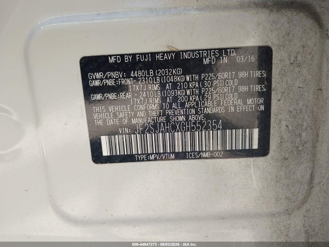 44947273 :رقم المزاد ، JF2SJAHCXGH552354 vin ، 2016 Subaru Forester 2.5i Limited مزاد بيع