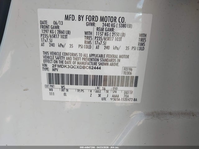 Продаж на аукціоні авто 2013 Ford Edge Se, vin: 2FMDK3GCXDBC62444, номер лоту: 44947286