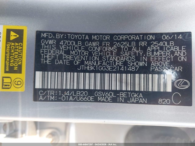 Aukcja sprzedaży 2014 Lexus Es 350, vin: JTHBK1GG3E2141487, numer aukcji: 44947297