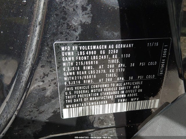 2016 Volkswagen Tiguan S მანქანა იყიდება აუქციონზე, vin: WVGBV7AX7GW563998, აუქციონის ნომერი: 44947303