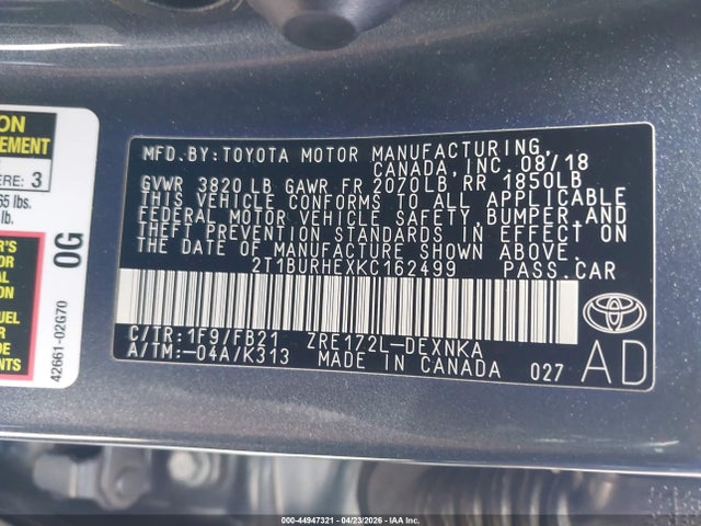 2019 Toyota Corolla Le მანქანა იყიდება აუქციონზე, vin: 2T1BURHEXKC162499, აუქციონის ნომერი: 44947321