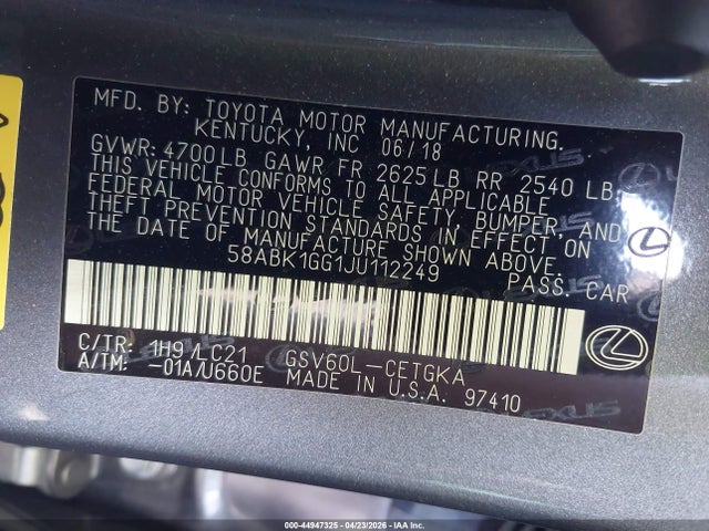 Продаж на аукціоні авто 2018 Lexus Es 350, vin: 58ABK1GG1JU112249, номер лоту: 44947325