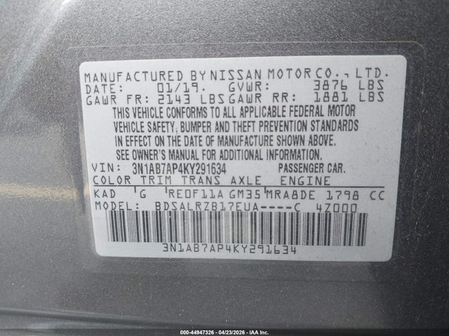 44947326 :رقم المزاد ، 3N1AB7AP4KY291634 vin ، 2019 Nissan Sentra Sr مزاد بيع