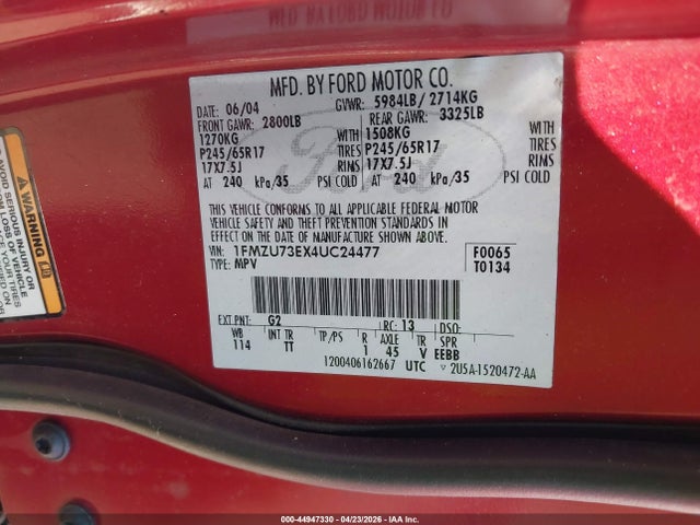 Aukcja sprzedaży 2004 Ford Explorer Nbx/xlt, vin: 1FMZU73EX4UC24477, numer aukcji: 44947330