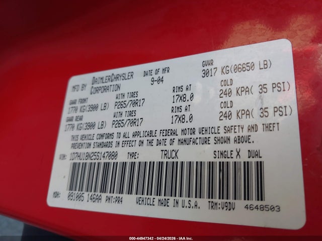 Auction sale of the 2005 Dodge Ram 1500 Slt/laramie, vin: 1D7HU18N25S147080, lot number: 44947342
