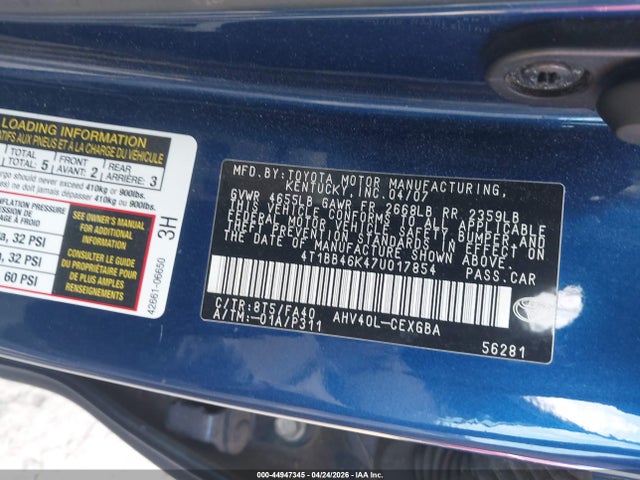 Auction sale of the 2007 Toyota Camry Hybrid, vin: 4T1BB46K47U017854, lot number: 44947345