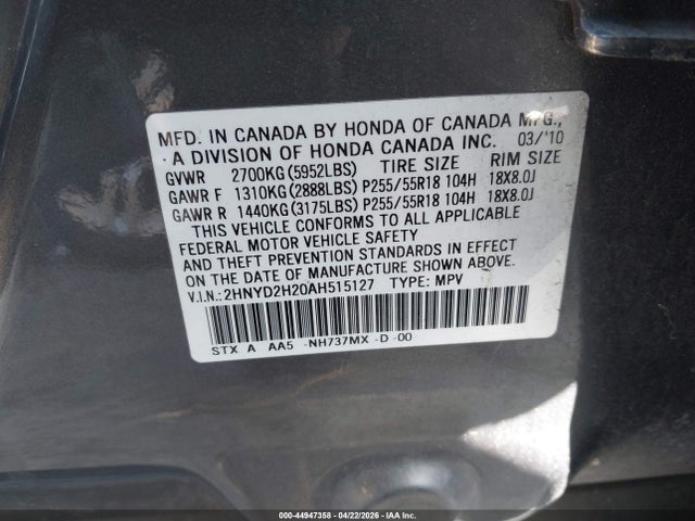 Продаж на аукціоні авто 2010 Acura Mdx 3.7l (a6), vin: 2HNYD2H20AH515127, номер лоту: 44947358