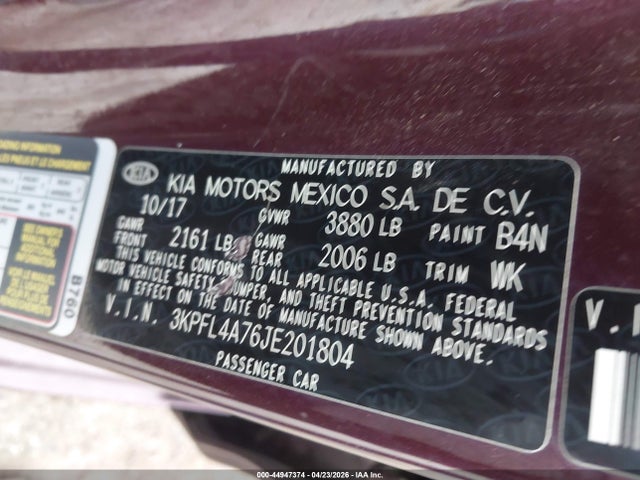 44947374 :رقم المزاد ، 3KPFL4A76JE201804 vin ، 2018 Kia Forte Lx مزاد بيع