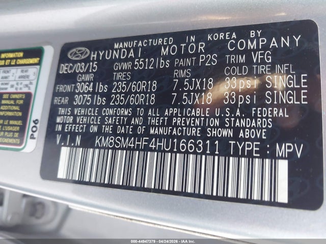 Продаж на аукціоні авто 2017 Hyundai Santa Fe Se, vin: KM8SM4HF4HU166311, номер лоту: 44947379