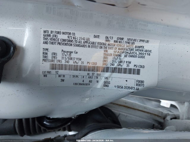 44947389 :رقم المزاد ، 1FADP3K22DL360118 vin ، 2013 Ford Focus Se مزاد بيع