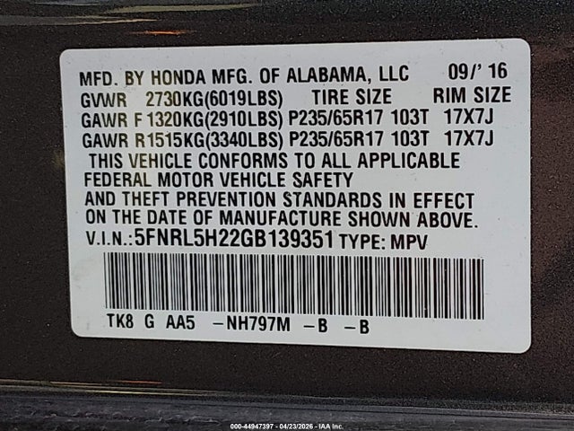 5FNRL5H22GB139351 Honda ODYSSEY LX
