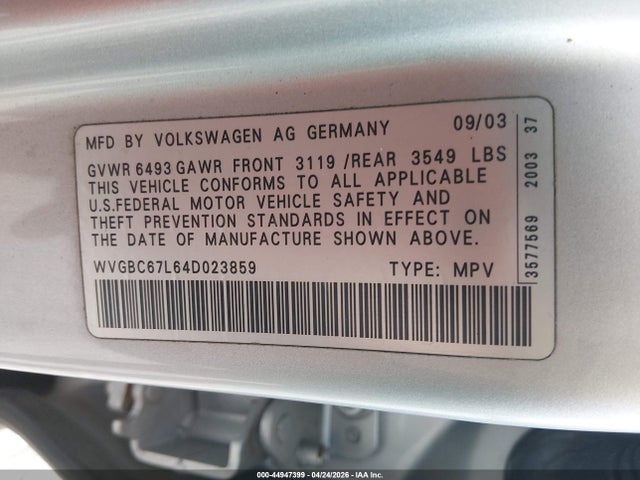 44947399 :رقم المزاد ، WVGBC67L64D023859 vin ، 2004 Volkswagen Touareg V6 مزاد بيع