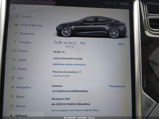 44947405 :رقم المزاد ، 5YJSA1H14EFP35789 vin ، 2014 Tesla Model S P85 مزاد بيع