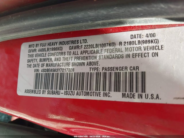 Продаж на аукціоні авто 2000 Subaru Legacy Gt Limited, vin: 4S3BE6563Y7217328, номер лоту: 44947406
