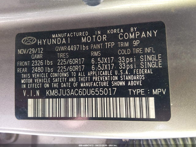 Продаж на аукціоні авто 2013 Hyundai Tucson Gls, vin: KM8JU3AC6DU655017, номер лоту: 44947413