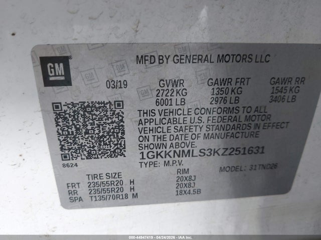 1GKKNMLS3KZ251631 GMC Acadia Slt-1