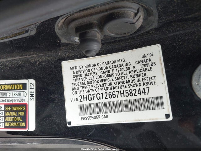 44947428 :رقم المزاد ، 2HGFG12667H582447 vin ، 2007 Honda Civic Lx مزاد بيع