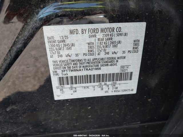 Продажа на аукционе авто 2026 Ford Maverick Tremor, vin: 3FTTW8NA1TRA21956, номер лота: 44947441