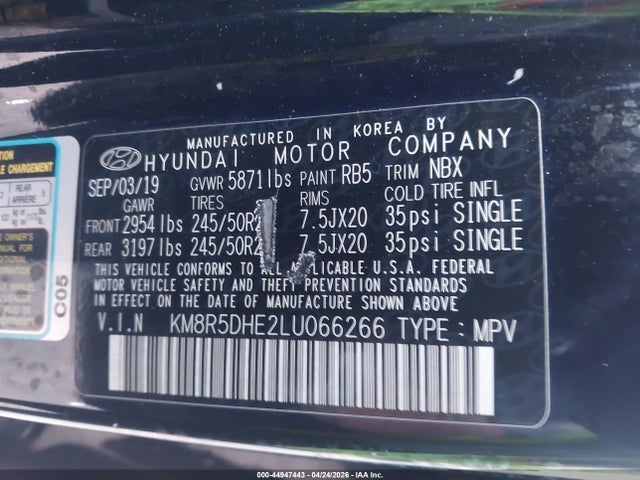 2020 Hyundai Palisade Limited მანქანა იყიდება აუქციონზე, vin: KM8R5DHE2LU066266, აუქციონის ნომერი: 44947443