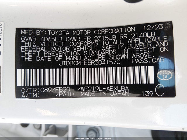 44947445 :رقم المزاد ، JTDBCMFE5R3041570 vin ، 2024 Toyota Corolla Hybrid Le مزاد بيع