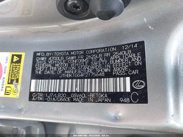 Aukcja sprzedaży 2015 Lexus Es 350, vin: JTHBK1GG4F2175648, numer aukcji: 44947465