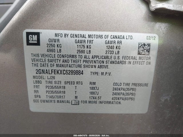 Aukcja sprzedaży 2012 Chevrolet Equinox Ltz, vin: 2GNALFEKXC6289884, numer aukcji: 44947470