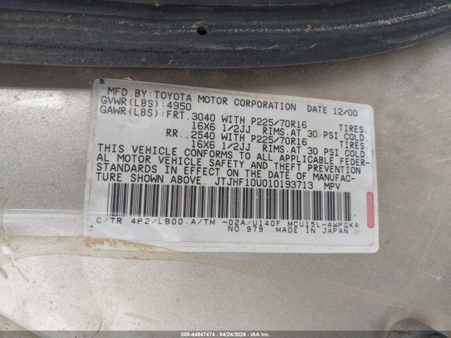 Aukcja sprzedaży 2001 Lexus Rx 300, vin: JTJHF10U010193713, numer aukcji: 44947474