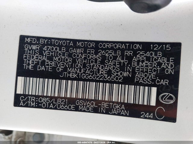44947476 :رقم المزاد ، JTHBK1GG6G2236502 vin ، 2016 Lexus Es 350 مزاد بيع