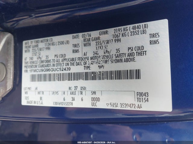 Продаж на аукціоні авто 2016 Ford Escape Se, vin: 1FMCU9G96GUC52439, номер лоту: 44947497