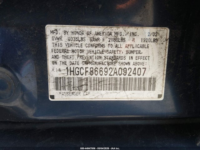 Aukcja sprzedaży 2002 Honda Accord 2.3 Vp, vin: 1HGCF86692A092407, numer aukcji: 44947506
