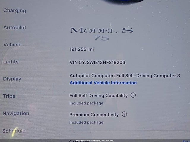 Aukcja sprzedaży 2017 Tesla Model S 60/75, vin: 5YJSA1E13HF218203, numer aukcji: 44947508