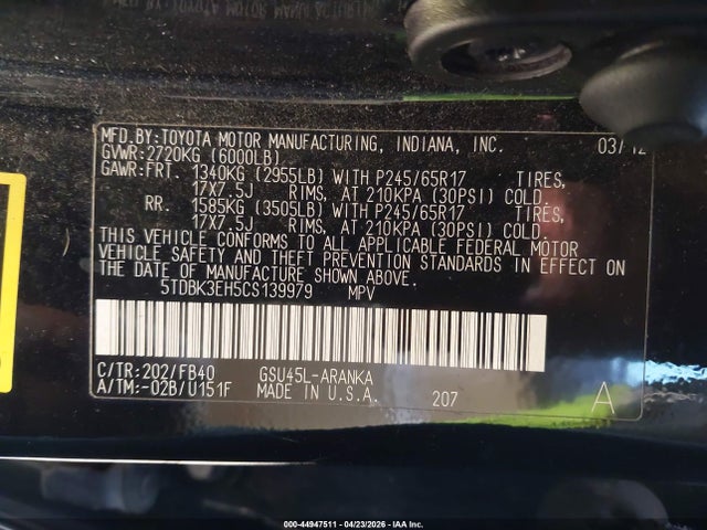 Aukcja sprzedaży 2012 Toyota Highlander Base V6, vin: 5TDBK3EH5CS139979, numer aukcji: 44947511