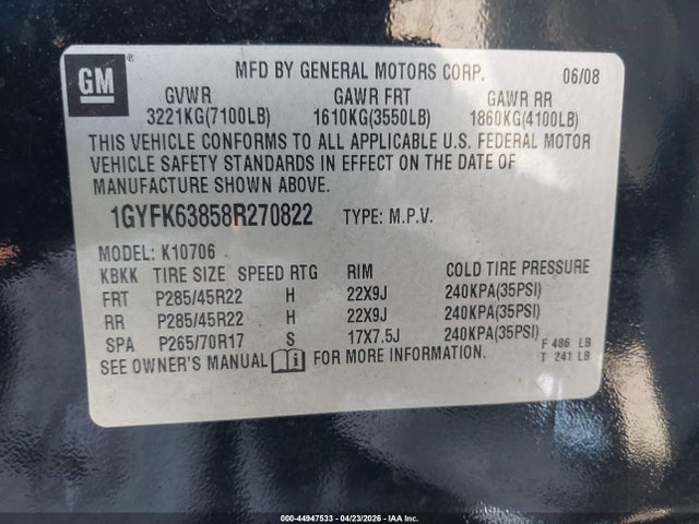 Aukcja sprzedaży 2008 Cadillac Escalade Standard, vin: 1GYFK63858R270822, numer aukcji: 44947533