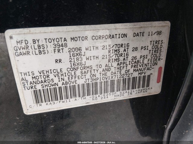 44947549 :رقم المزاد ، JT3HP10V1X7122727 vin ، 1999 Toyota Rav4 مزاد بيع