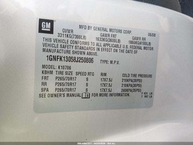 2008 Chevrolet Tahoe Commercial Fleet მანქანა იყიდება აუქციონზე, vin: 1GNFK13058J250806, აუქციონის ნომერი: 44947571