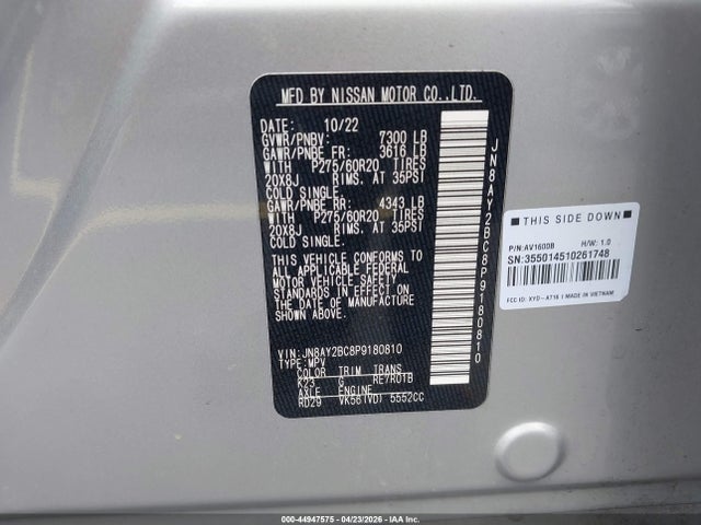 2023 Nissan Armada Sl 2wd მანქანა იყიდება აუქციონზე, vin: JN8AY2BC8P9180810, აუქციონის ნომერი: 44947575