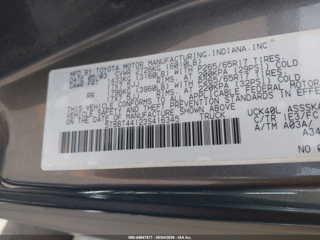Продаж на аукціоні авто 2003 Toyota Tundra Sr5 V8, vin: 5TBBT44123S416345, номер лоту: 44947577