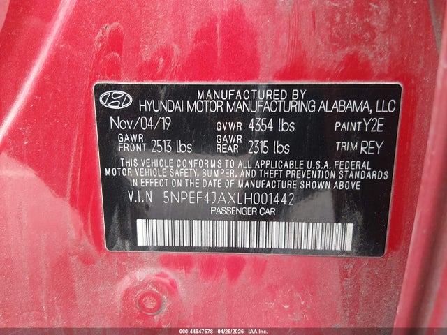 Aukcja sprzedaży 2020 Hyundai Sonata Sel, vin: 5NPEF4JAXLH001442, numer aukcji: 44947578