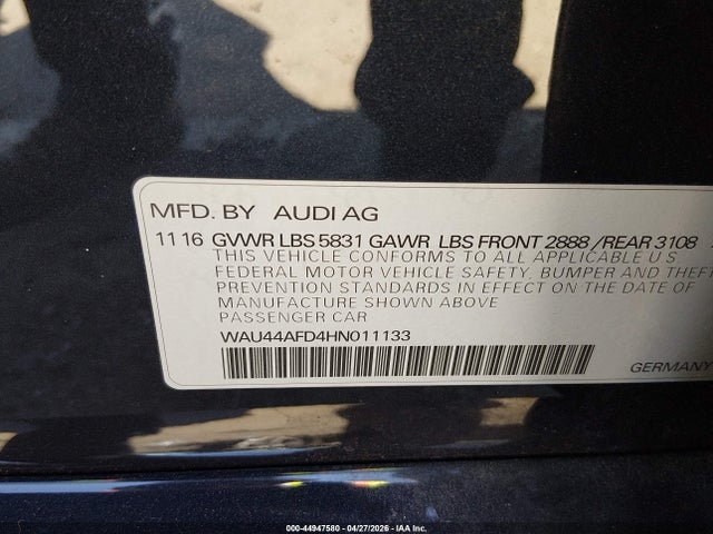 44947580 :رقم المزاد ، WAU44AFD4HN011133 vin ، 2017 Audi A8 L 3.0t مزاد بيع