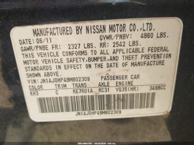 Продажа на аукционе авто 2011 Infiniti Ex35 Journey, vin: JN1AJ0HP4BM802309, номер лота: 44947587